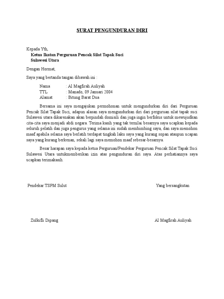 SURAT PENGUNDURAN DIRI PENCAK SILAT | PDF