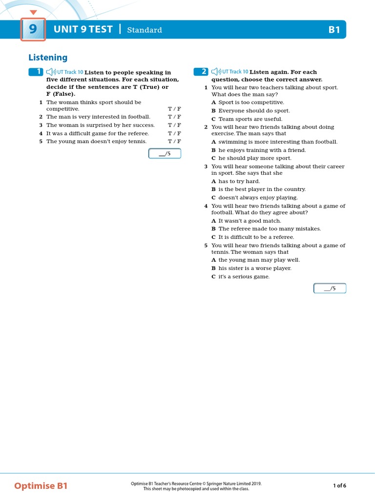 Unit 9 B1 Test Overview | PDF | Volleyball | Sports