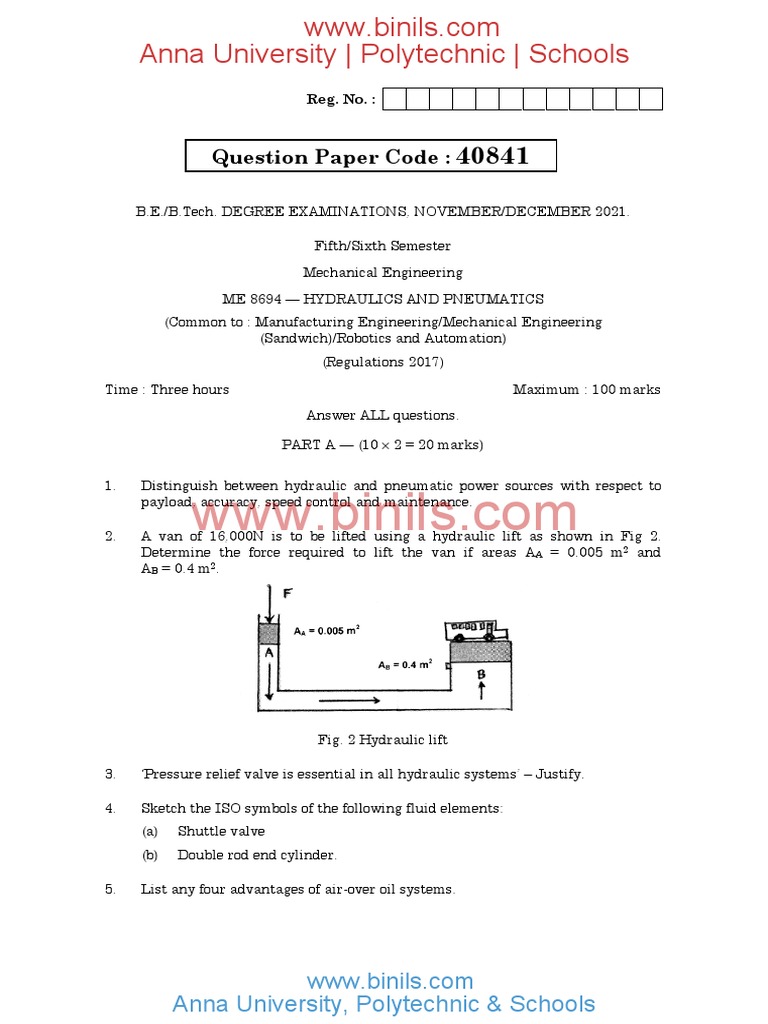 ME8694 Hydraulics and Pneumatics PDF Pump Valve