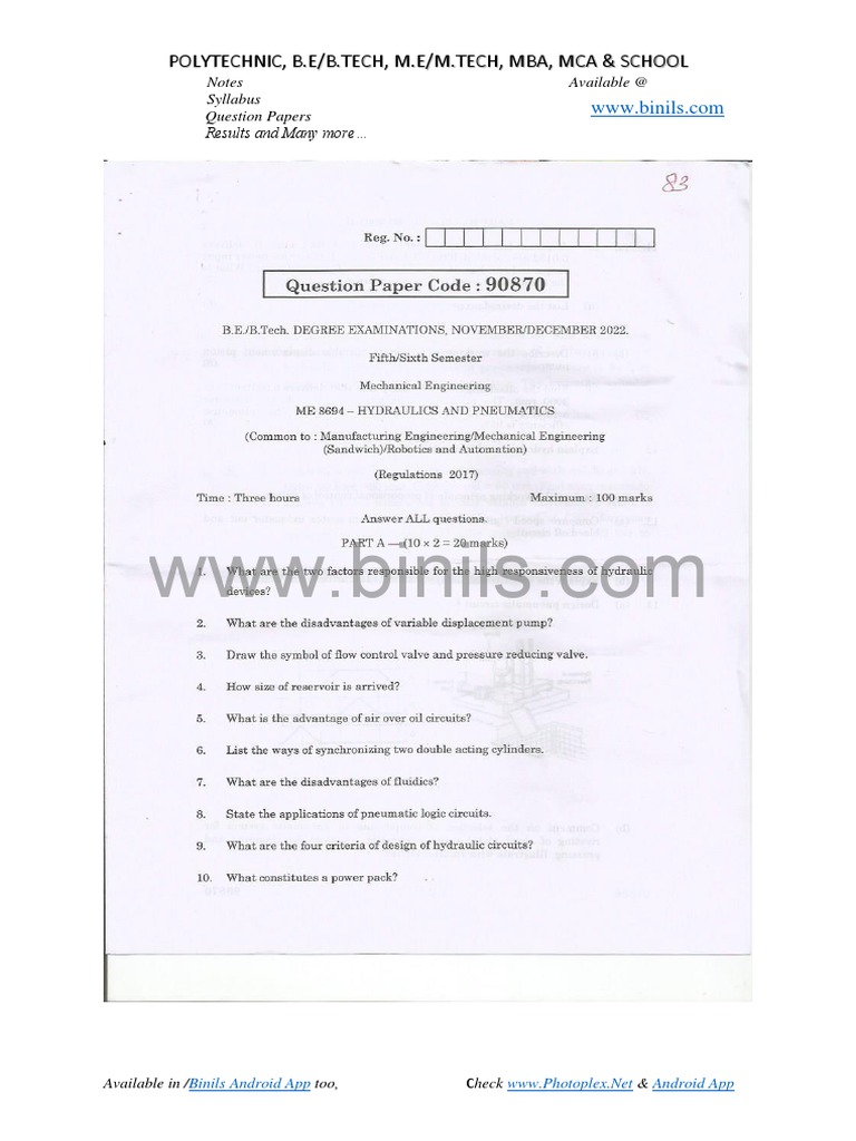 ME 8694 Hydraulics and Pneumatics Watermark Compress PDF