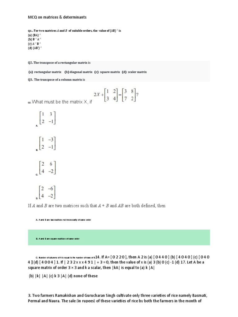 MCQMatrices & Determinants PDF Matrix (Mathematics) Determinant