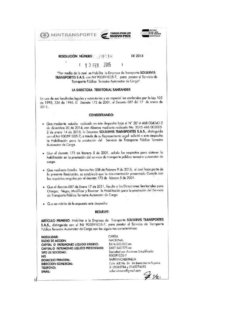 LICENCIA DE CARGA RESOLUCION 0000016.. - Opt - 0 | PDF
