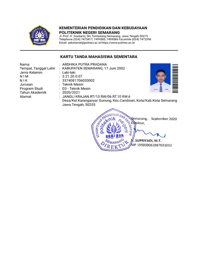 Kartu Tanda Mahasiswa Sementara Polines | PDF
