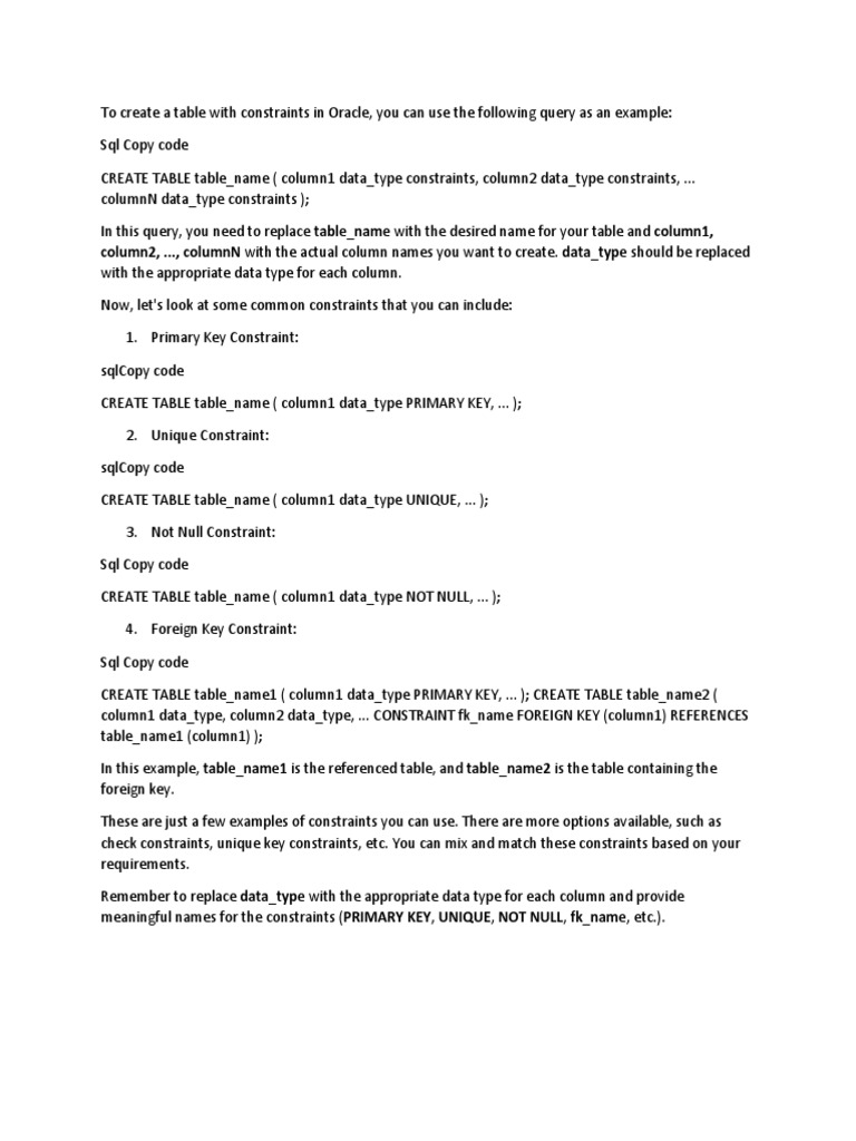To Create A Table With Constraints in Oracle PDF