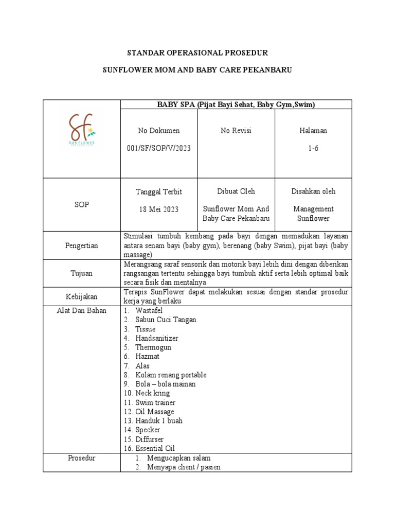 SOP Baby Spa SF | PDF