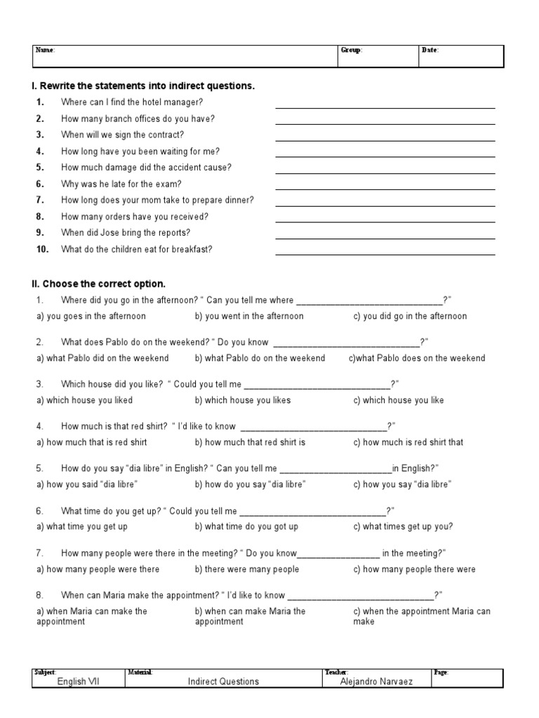 Indirect questions exercise 2 pdf