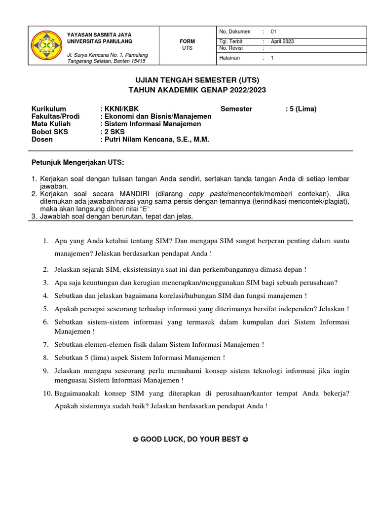 Soal UTS Sistem Informasi Manajemen | PDF