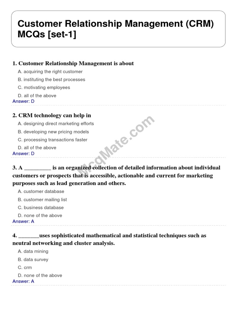 Customer Relationship Management (CRM) Solved MCQs (Set-1) | PDF ...