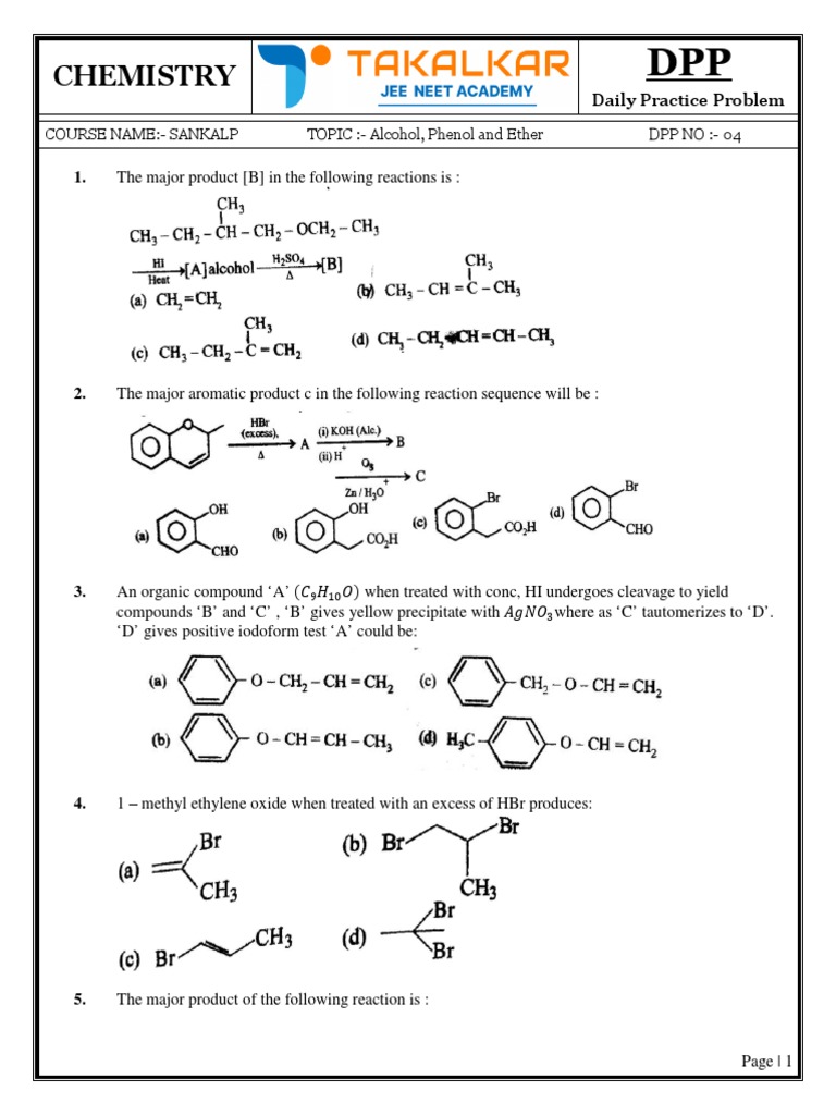 Alcohols Phenols and Ether DPP 4 PDF Ether Chemical Substances