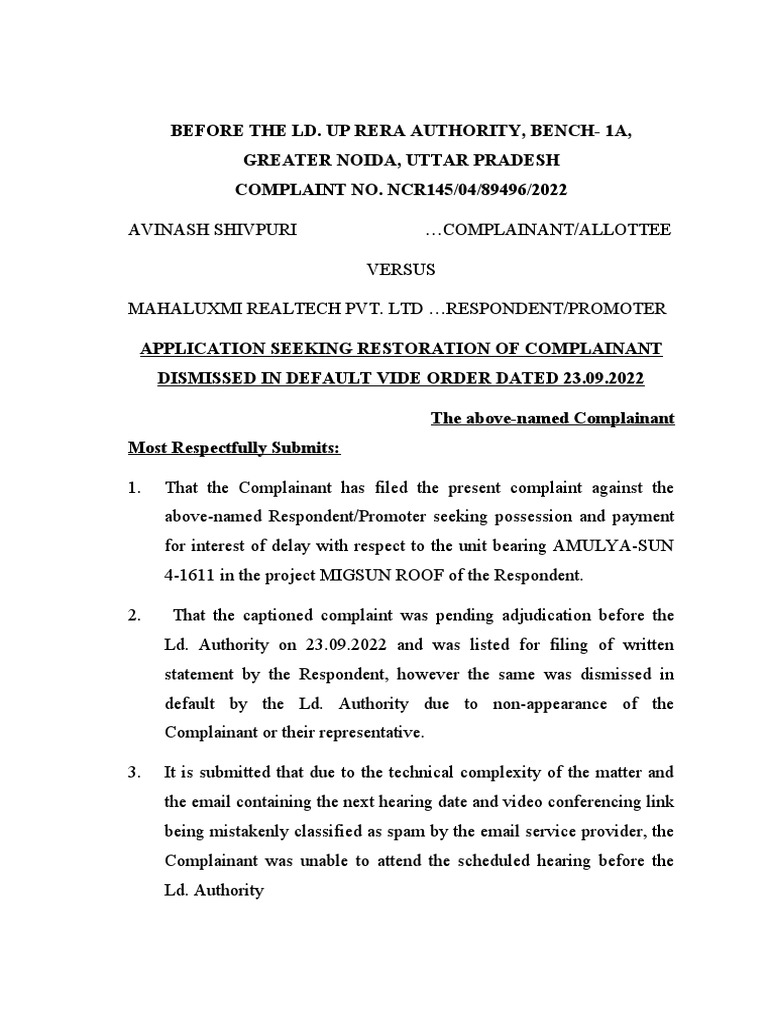 Application For Restoration PDF