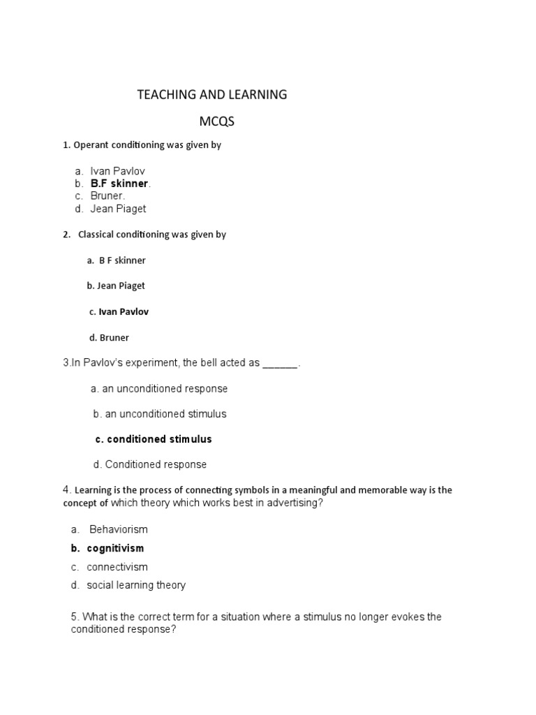 1st Year Teaching and Learning Mcqs | PDF | Behaviorism | Classical ...