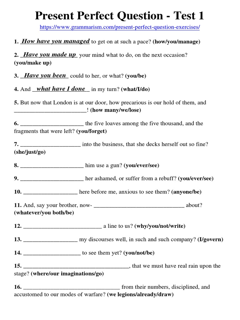 Grammarism Present Perfect Question Test | PDF | Language Arts & Discipline