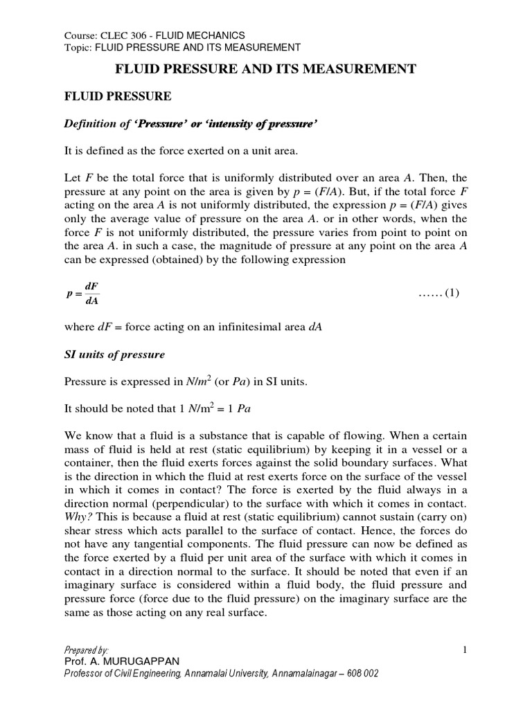 Fluid Pressure and Its Measurement | PDF