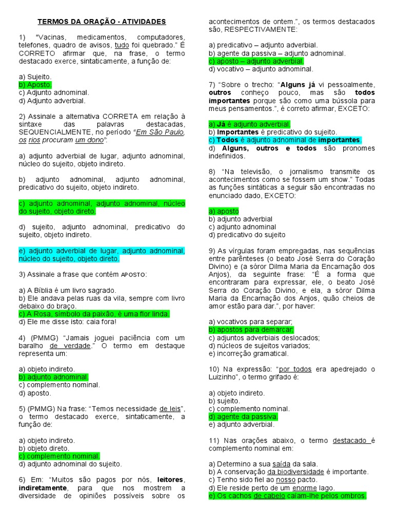 Termos Da Oração Atividades | PDF | Assunto (gramática) | Ciência cognitiva