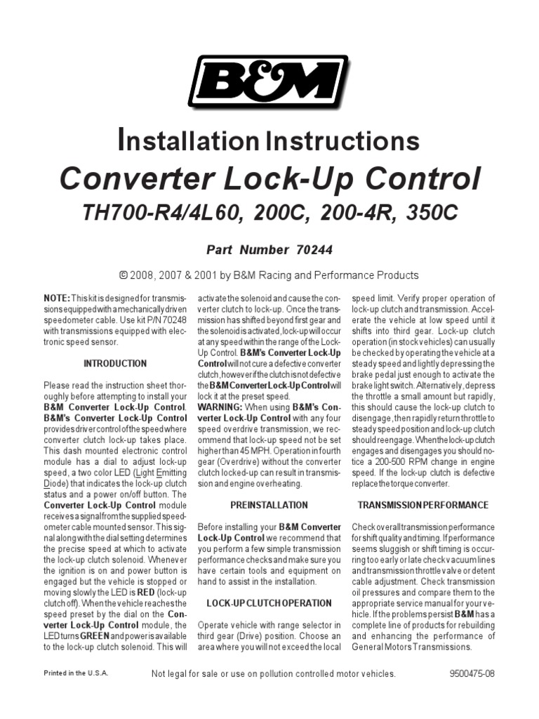 B&M Converter Lock-Up Control Guide | PDF | Clutch | Electrical Connector