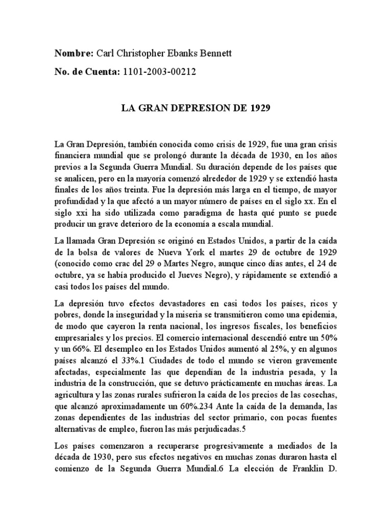 La Gran Depresion De 1929 Pdf Gran Depresion Proteccionismo