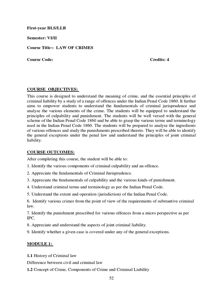 LLB 2nd Semester: Law of Crimes Syllabus | PDF | Crimes | Crime & Violence
