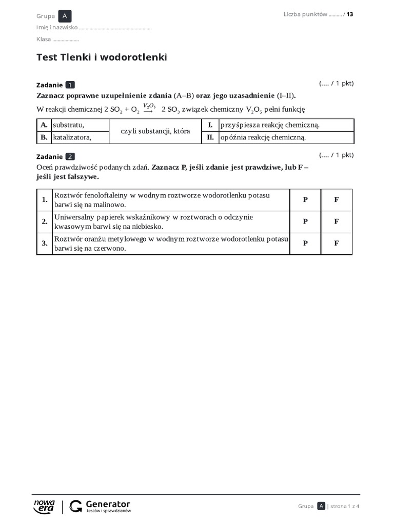 Sprawdzian Chemia Wodorotlenki A Zasady Tlenki I Wodorotlenki Test | PDF