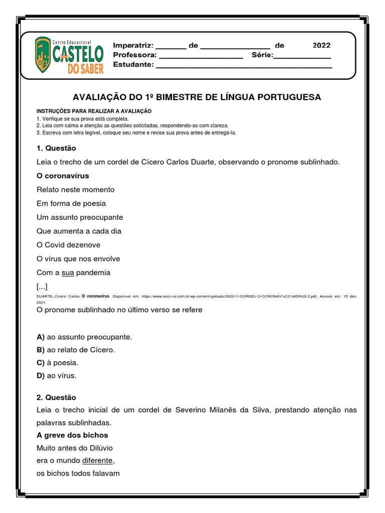 Avaliação de Língua Portuguesa - 1º Bimestre | PDF | Oceanos | Poesia