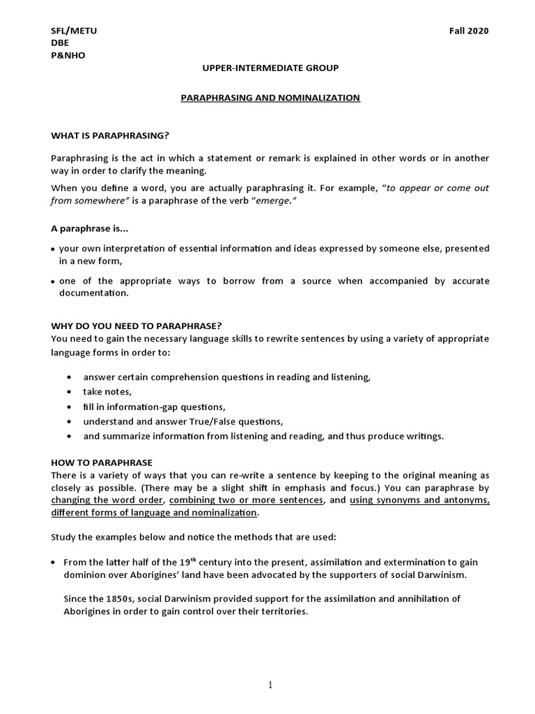 Paraphrasing and Nominalization Guide | PDF | Noun | Adjective