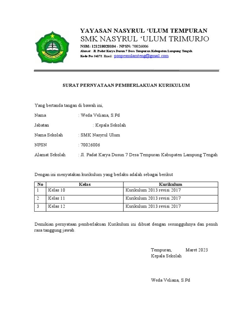 Surat Pernyataan Kurikulum Pdf