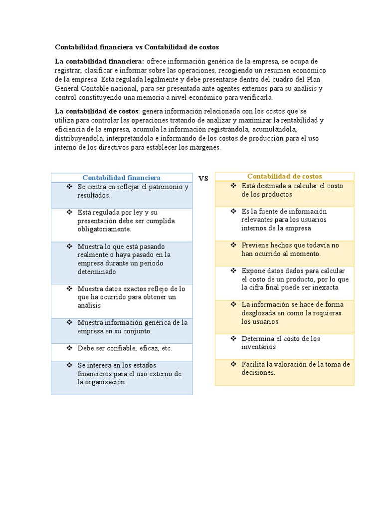 Diferencias entre contabilidad financiera y de costos | PDF ...
