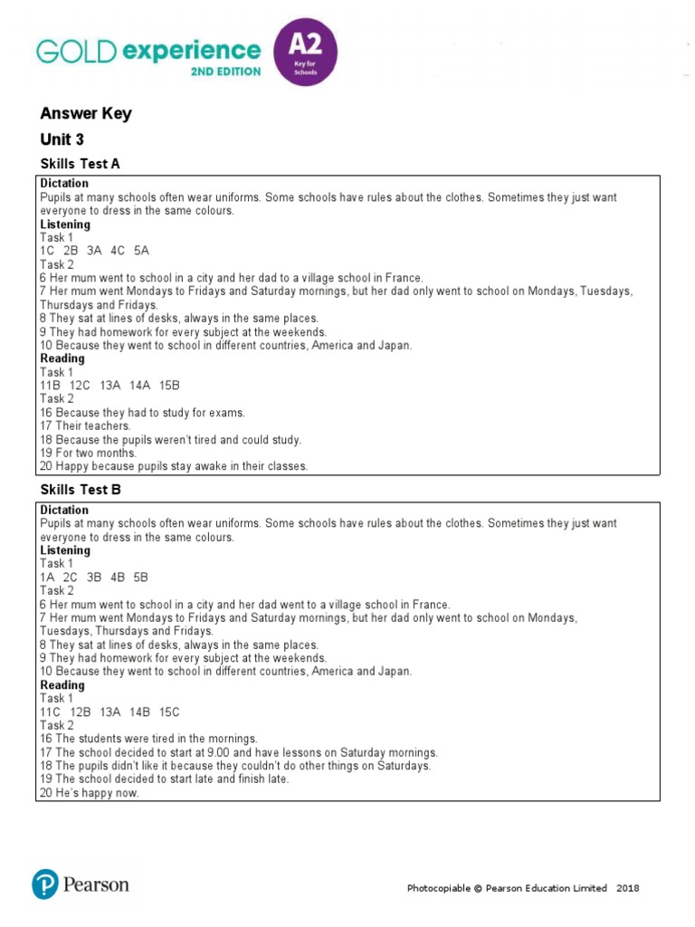 Gold Experience A2 Unit 3 Answer Key | PDF