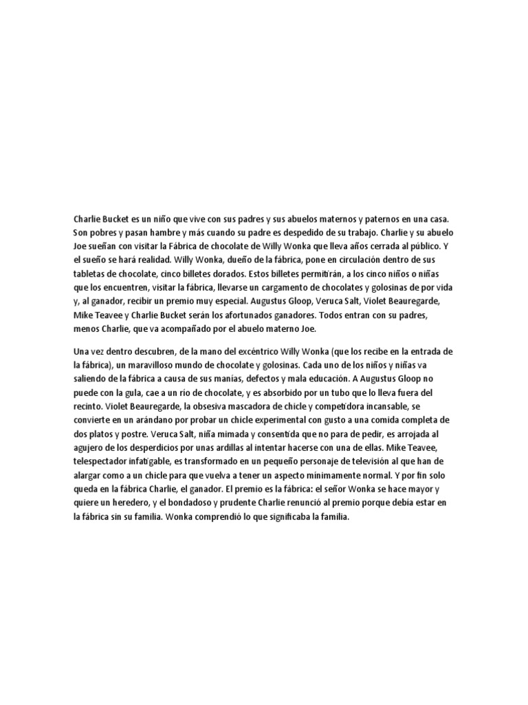 Charlie Bucket es un niño que vive con sus padres y sus abuelos