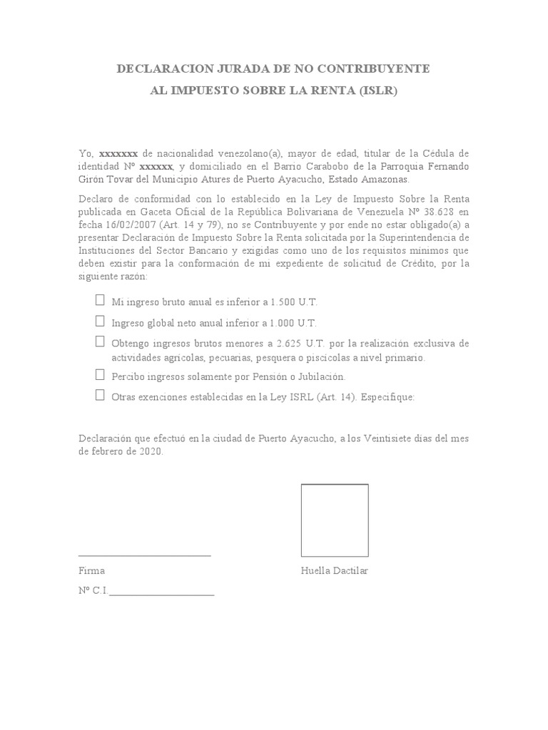 Declaración Jurada de No Contribuyente ISLR | PDF