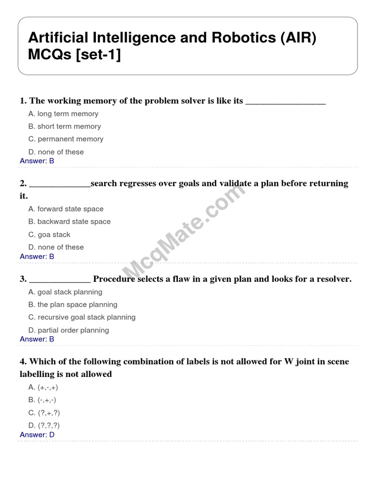 Artificial intelligence and robotics air solved mcqs set 1 pdf