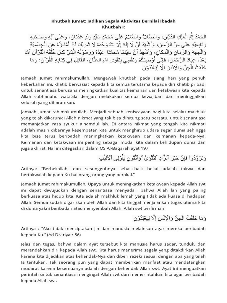 Khutbah jumat jadikan segala aktivitas bernilai ibadah pdf agama