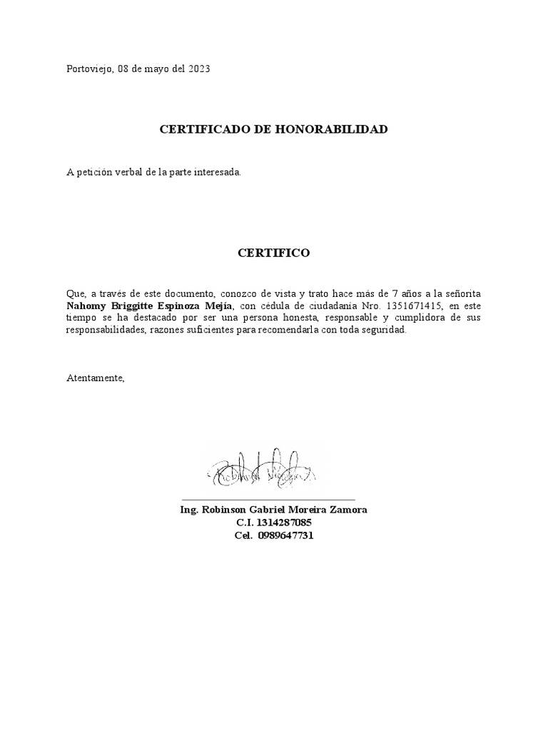 Certificado De Honorabilidad Usos Y Ejemplos De Adjetivos