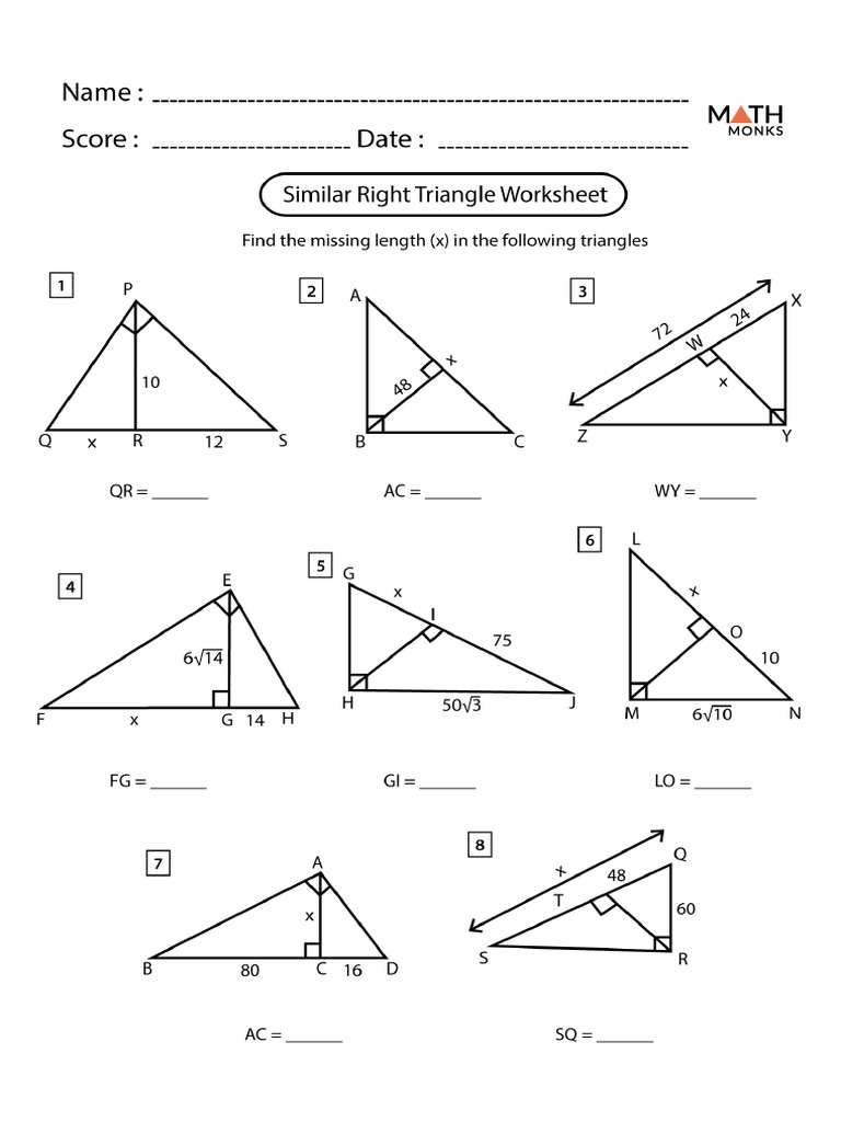 Similar Right Triangles Worksheet | PDF