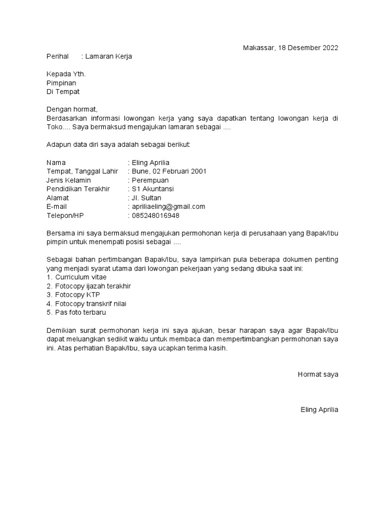 Surat Lamaran Toko | PDF