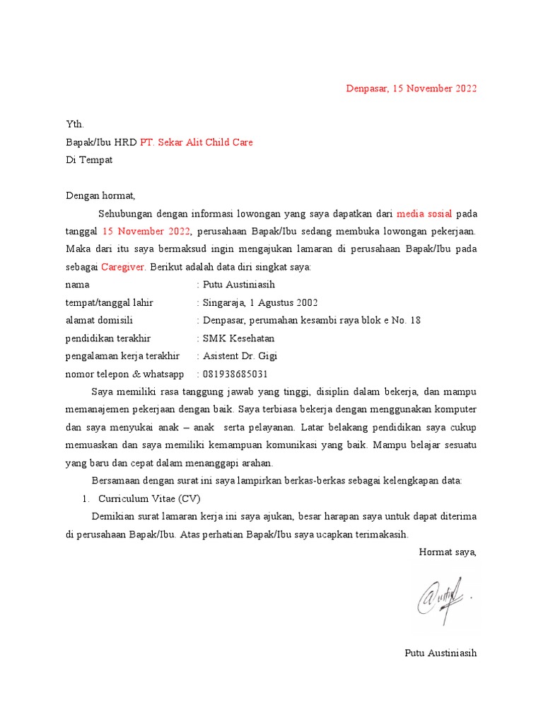 Contoh Surat Lamaran Kerja Salinan | PDF