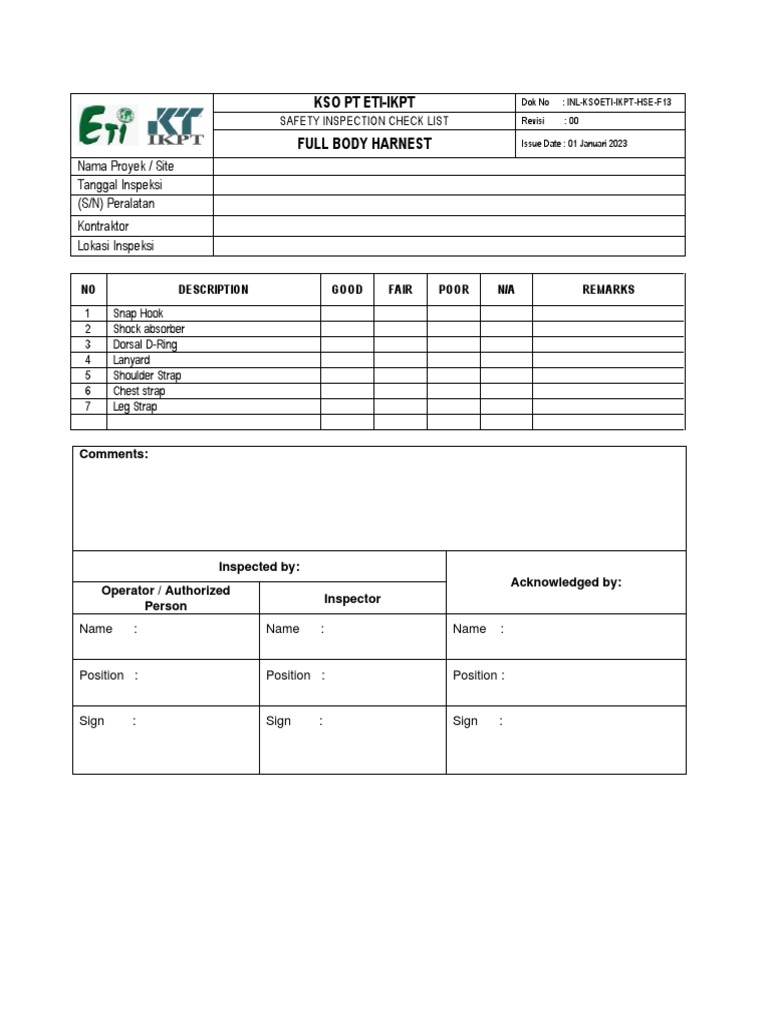 Full Body Harness Safety Checklist | PDF