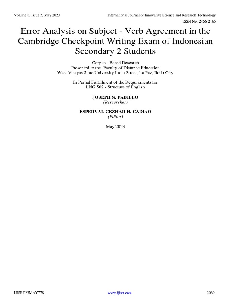 Error Analysis On Subject Verb Agreement in The Cambridge Checkpoint