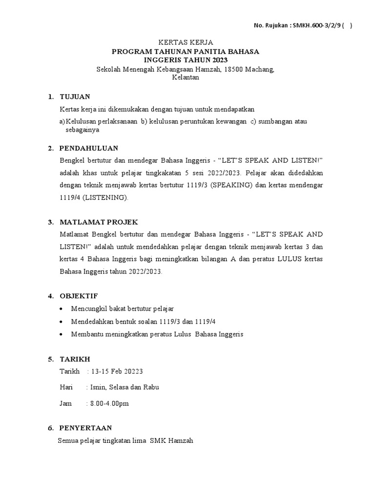 Kertas Kerja Bengkel Bahasa Inggeris | PDF