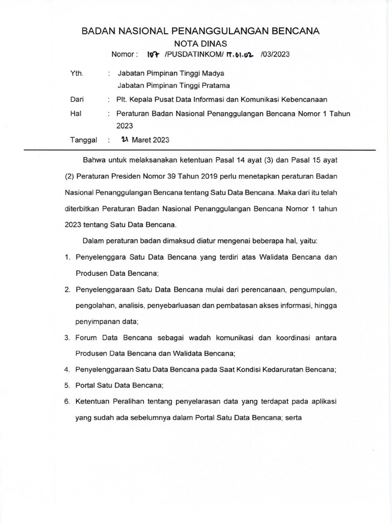Peraturan BNPB No 1 THN 2023 | PDF