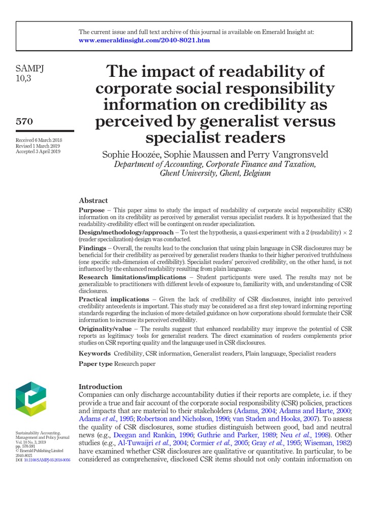 The Impact of Readability of CSR On Credibility As Perceived by ...
