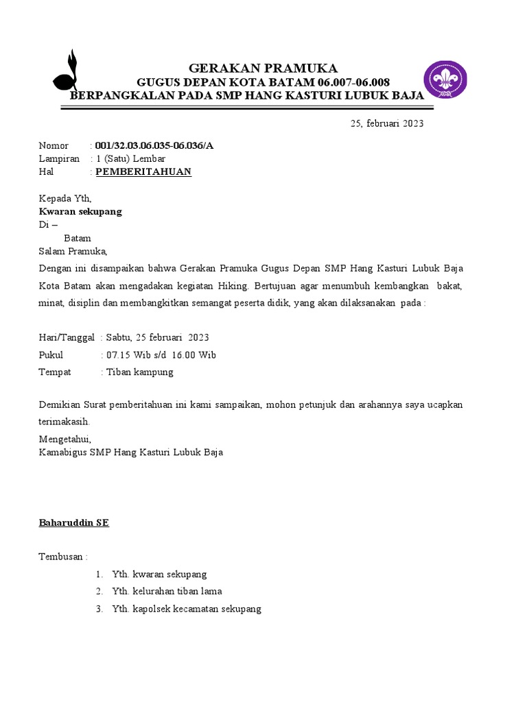 surat izin kwaran sekupang hiking., | PDF