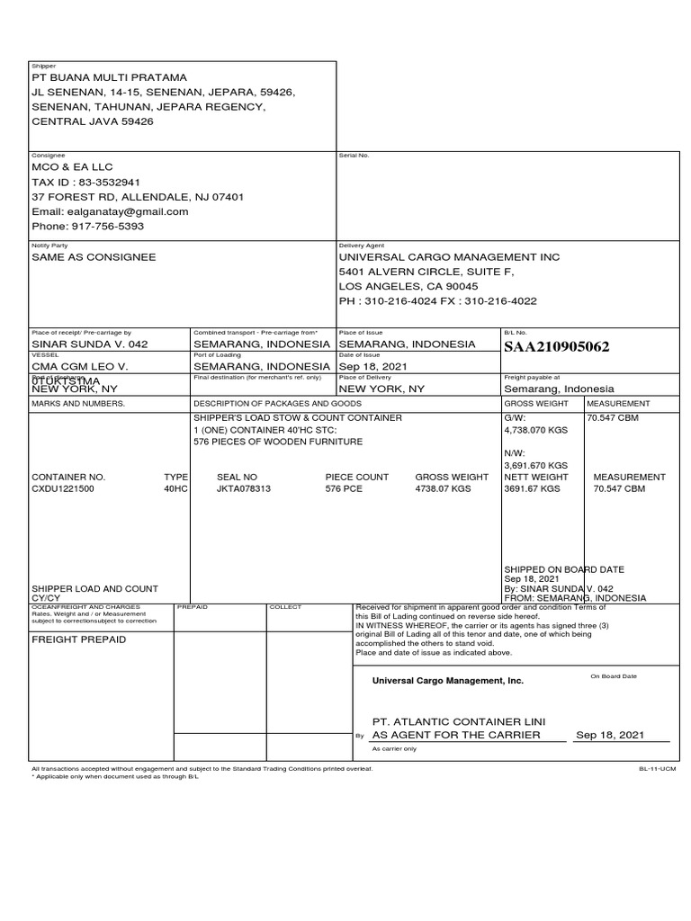Freight Prepaid Universal Cargo Management, Inc PDF Cargo Bill Of Lading