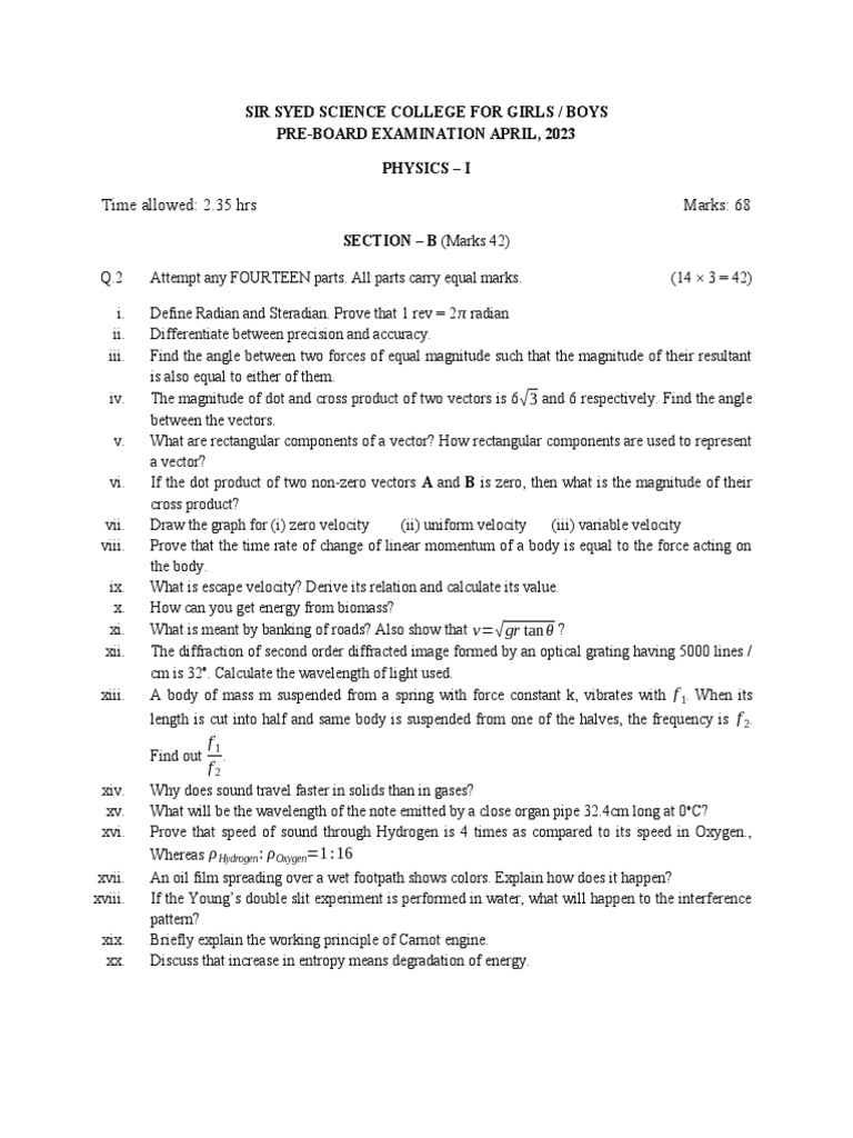 2023 Pre-Board Physics Exam Paper | PDF