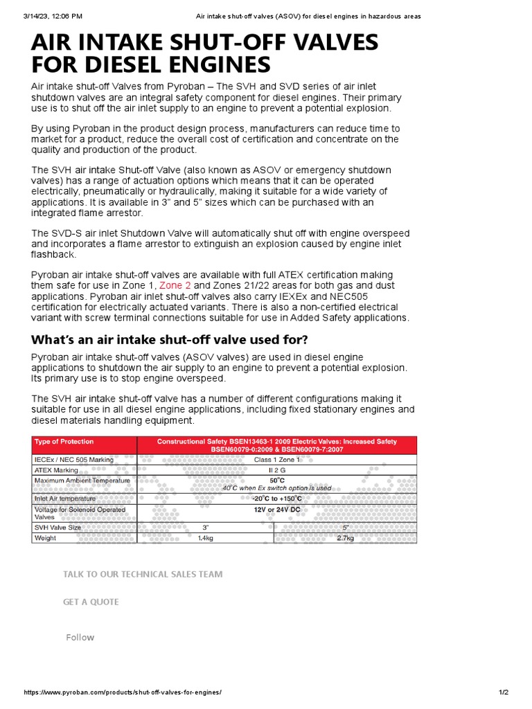 Air Intake ShutOff Valves (ASOV) For Diesel Engines in Hazardous Areas PDF Valve Engines