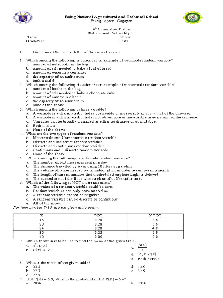 3rd Quarter Test in Statistics PDF Normal Distribution Variance
