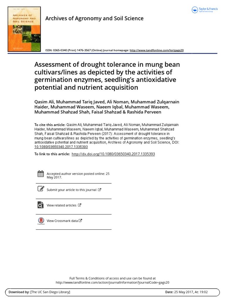 Assessment of Drought Tolerance in Mung Bean Cultivarslines As Depicted ...