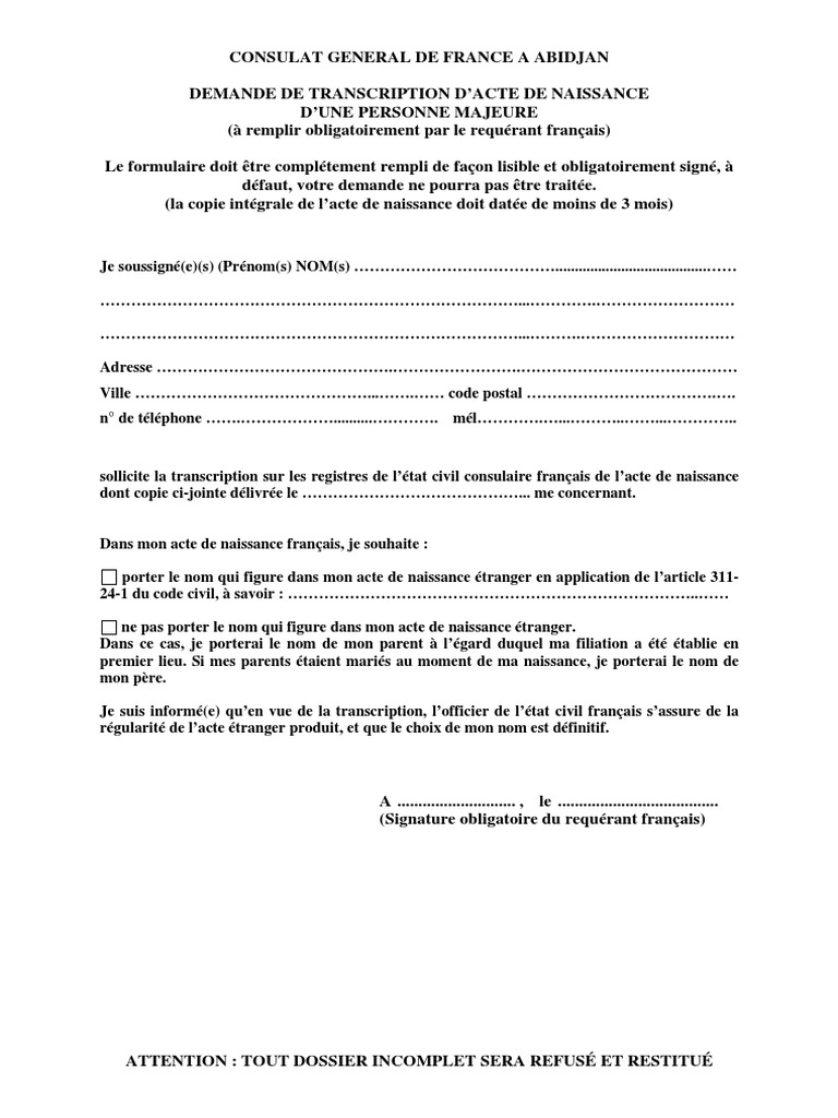 Demande de transcription acte de naissance | PDF | Certificat de ...