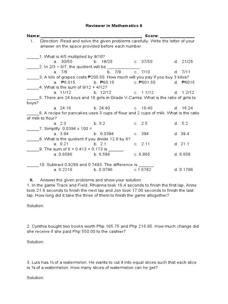 Reviewer in Mathematics 6 (Q1) | Download Free PDF | Elementary ...