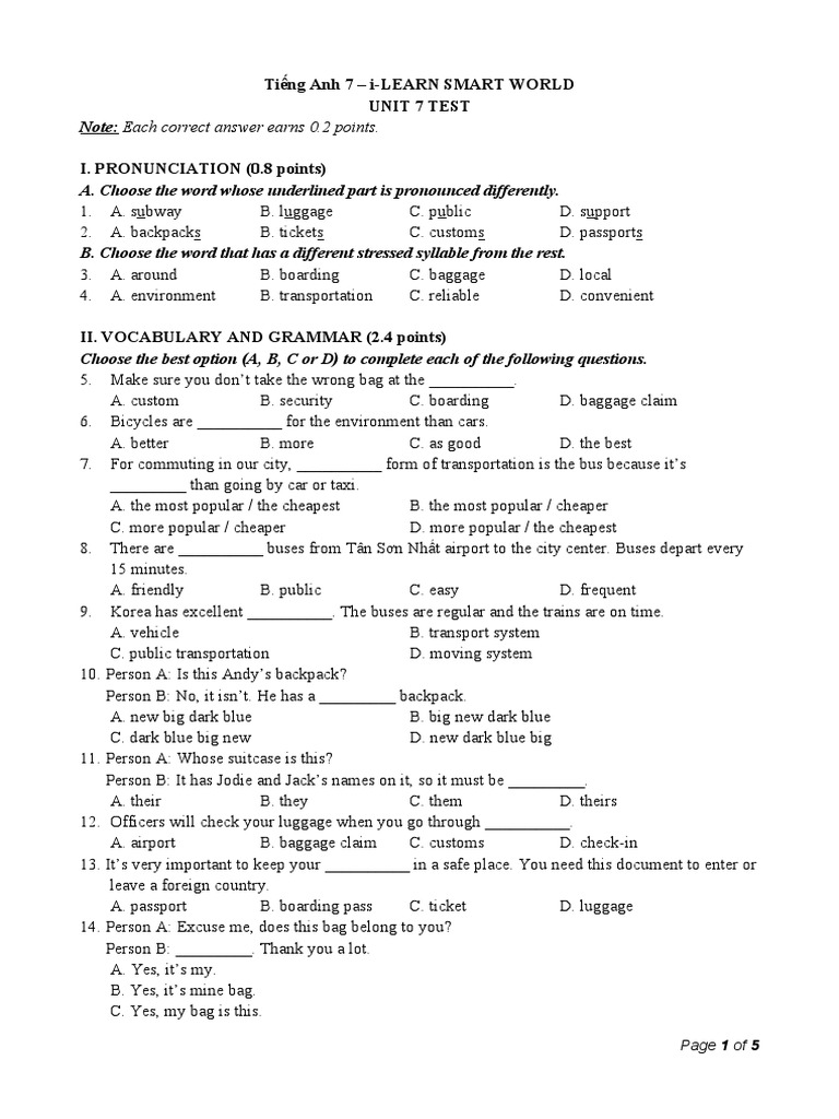 Unit 7 Test: Transportation Topics | PDF | Baggage | Public Transport