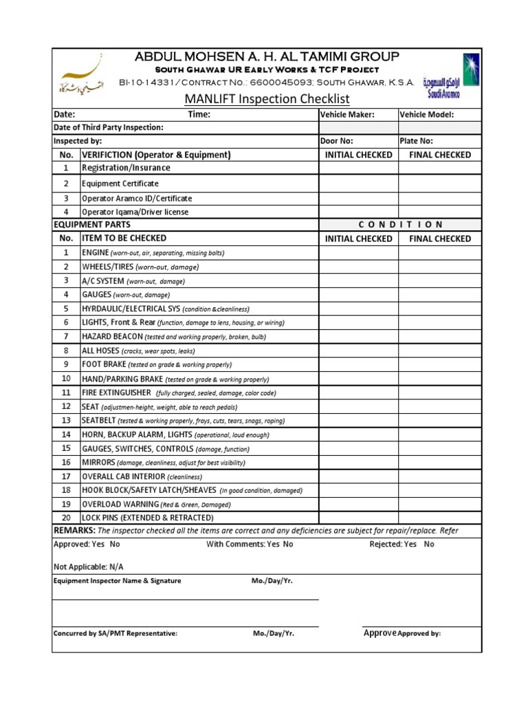AlTamimi Heavy Equipment Checklist Manlift PDF Vehicles Truck